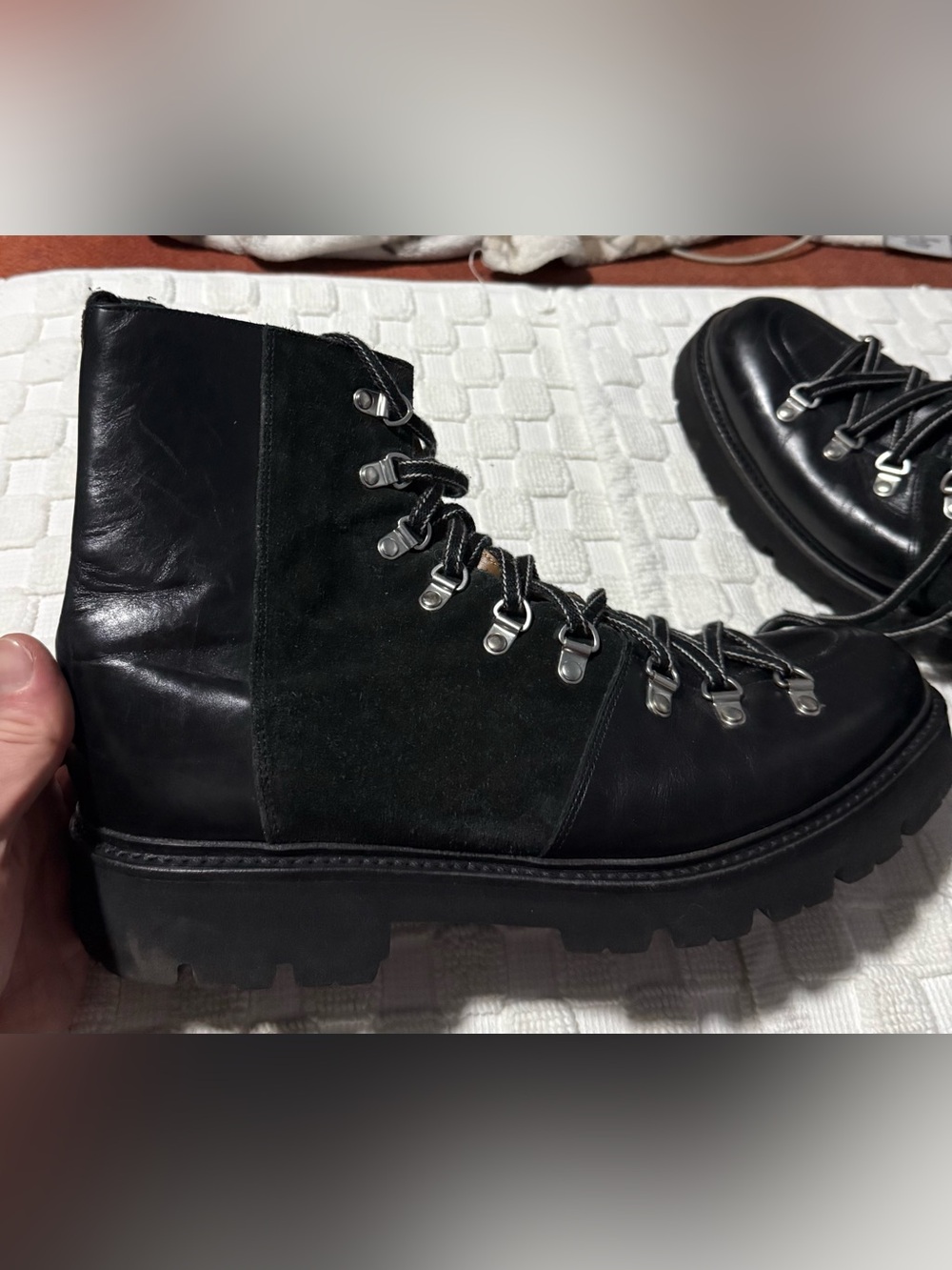 Grenson Black - Black Leather & Suede Lug Sole Boots - Size 12